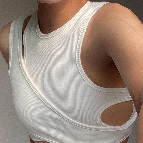 

women's tanks camis asymmetric crop y2k e-girl hollow knit corset sleeveless o-neck mini tank basic casual sports sweater summer 230425, White