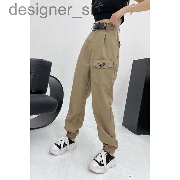 

women's pants & capris designer 23 early autumn new leather brand decorative casual cargo pants handsome binding waist high waist desig, Black;white