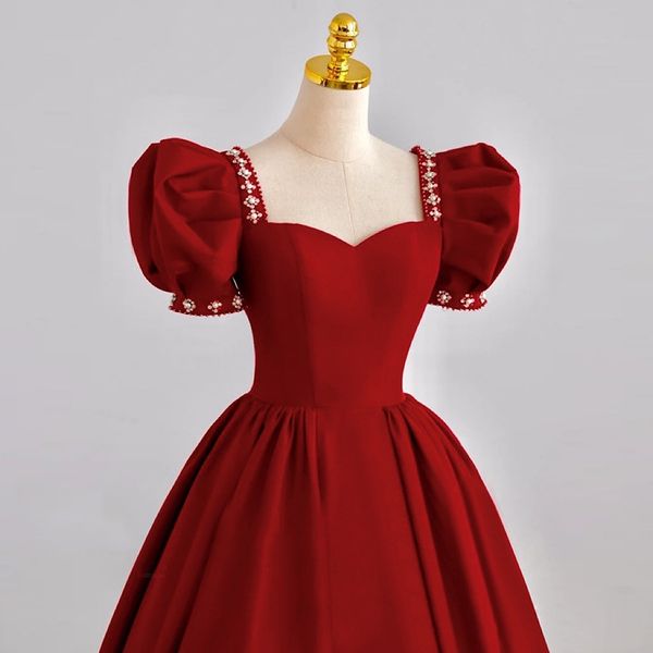 

burgundy black evening cocktail dresses short sleeves square collar a-line pearl beading lace up ankle-length simple vintage prom gowns