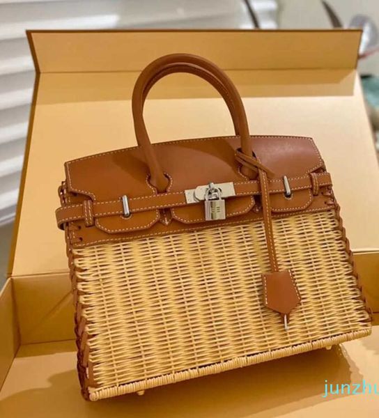 

tote straw bag hand-woven shoulder bag women handbag silver hardware accessories lock trim 5515leather handle weave clutch hollow-out purse