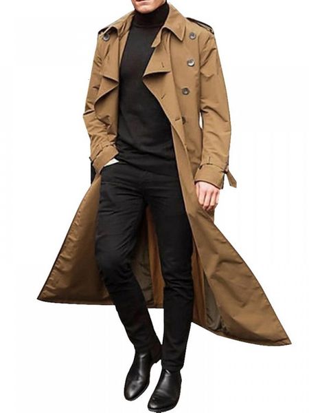 

men's trench coats british style long coat men autumn 2023 double breasted lapel with belt male streetwear business casual loose overco, Tan;black