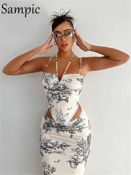 

two piece dress sampic women skirt suit halter y2k print corset crop and wrap high waist midi skirt dress two piece set summer outfits j230, White