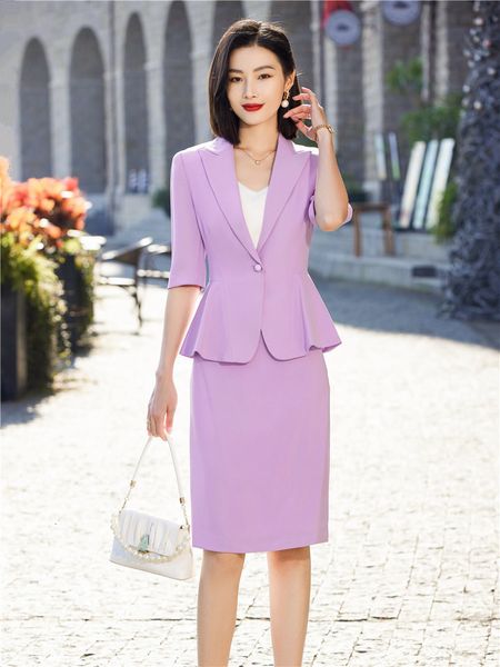 

two piece dress purple summer skirt suit set for women short sleeve ruffle hem blazer midi office ladies 2 pieces work wear fashion suits 23, White