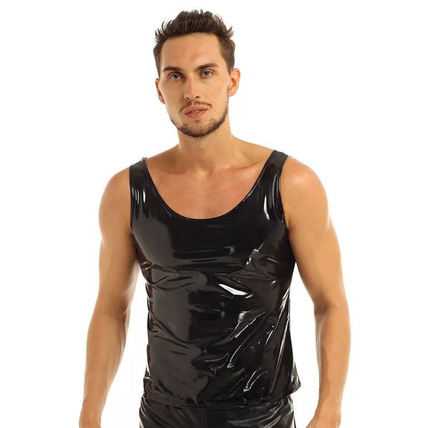 

men's body shapers mens pvc faux leather vest close-fitting t-shirt, Black;brown