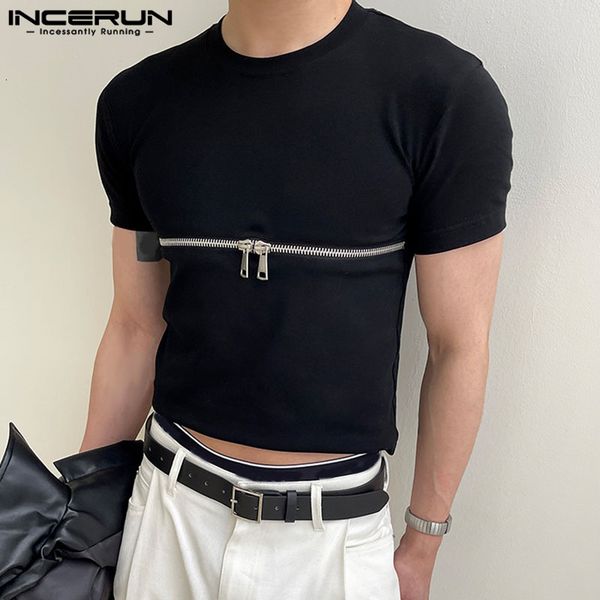 

men's t-shirts incerun fashion men's t-shirt zipper solid color set o-neck summer short sleeve men's clothing street clothing, White;black