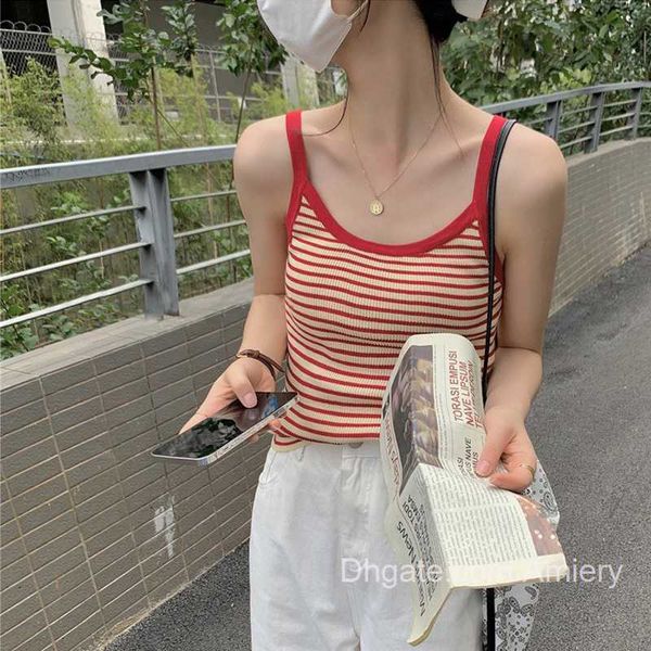 

2023 trendy striped suspender t-shirts outerwear women's knit tshirts bottoming sleeveless slim fitting vest crop for women, White