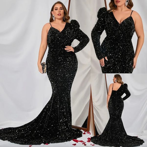 

black sequined plus size evening dresses one shoulder neckline prom gowns mermaid long sleeve special occasion dress