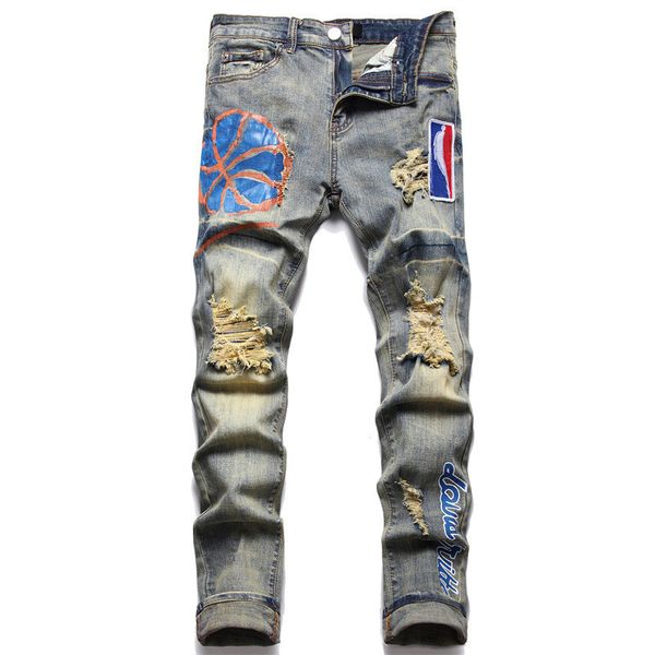 

designer mens jeans high street retro america blue jeans for men embroidery pants oversize ripped patch hole denim 2023 fashion streetwear s