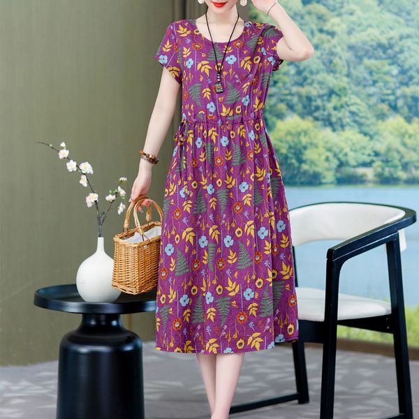 

casual dresses print women summer dresses vintage plus size causal o-neck short sleeve floral cotton and linen vestido elegant dress 230425, Black;gray