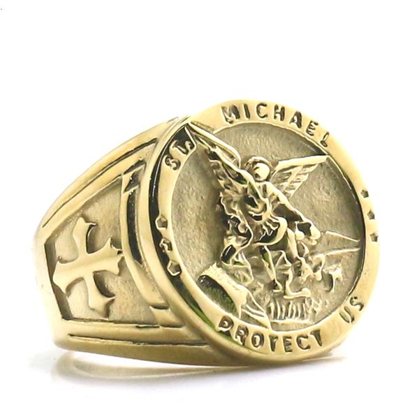 

cluster rings size 6 to size 15 mens cross saint michael protect us 316l stainless steel est ring 230424, Golden;silver