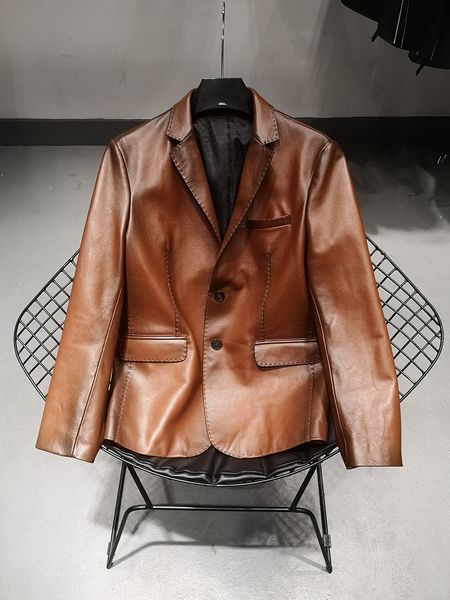 

designer men's blue lapel cowhide leather jacket for business casual leather suit customization, Black