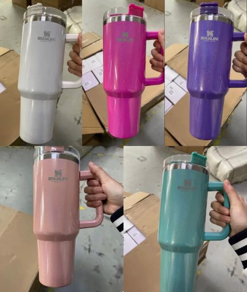 

stanley sublimation 40oz glitter tumblers cup with handle lid and straw gradient color insulated car mugs stainless steel tumbler big capaci