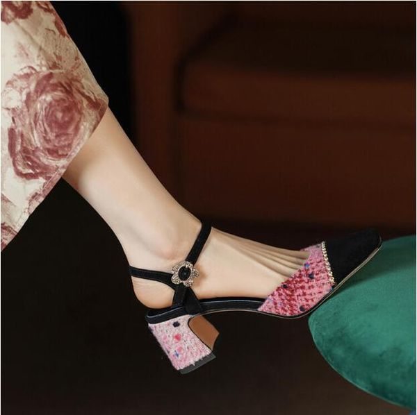 

mixcolor cover toe slingbacks women high chunky heel fashion buckle square toe lady wedding dress shoes, Black