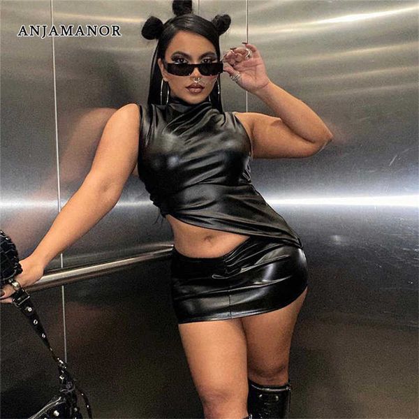 

two piece dress anjamanor black pu baddie 2 pieces sets womens outfits asymmetrical crop and mini skirt clubwear dress suit d83cd25 j230424, White