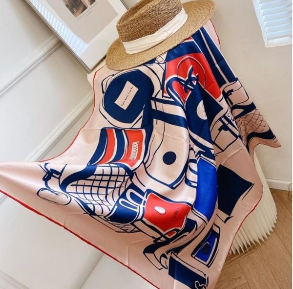 

woman designer silk scarf luxury flower letter print scarves summer headband fashion squares shawl ladies beach neck scarfs tote bag ribbon, Blue;gray