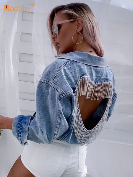 

women's jackets denim jacket women's light blue diamond tassel coat single chest open back women's jeans coat autumn fashion, Black;brown