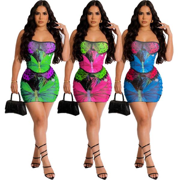 

two piece dress mesh 2 pea saia conjuntos borboleta impresso vero mini vestido das mulheres outifits streetwear strapless slim shorts saias, White