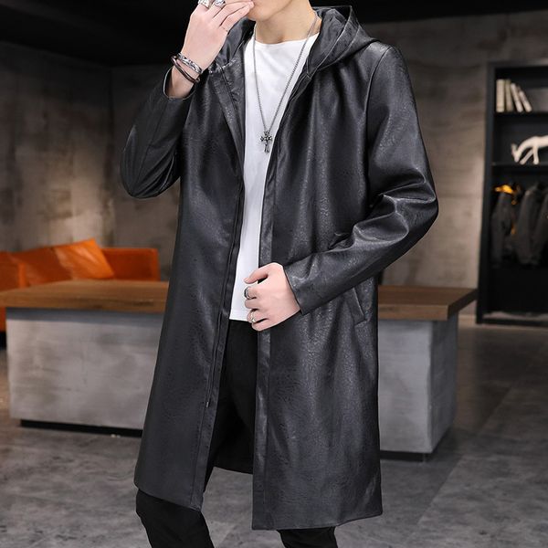 

men's trench coats spring autumn casual midlength hooded leather jacket korean version trend handsome outdoor windbreaker coat 230424, Tan;black