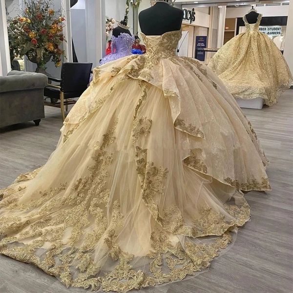 

champagne gold quinceanera dresses sequined lace appliques off shoulder lace-up corset princess prom vestidos de 15 anos, Blue;red