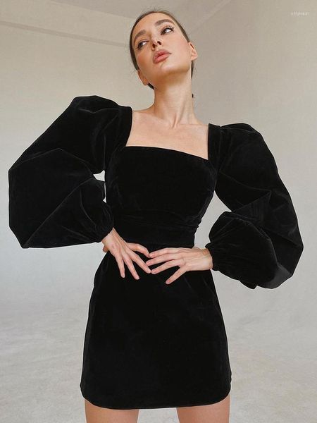 

Casual Dresses Evening Puff Sleeves Women Velvet Dress Winter Black Bodycon Square Collar Mini Party Pencil Zip