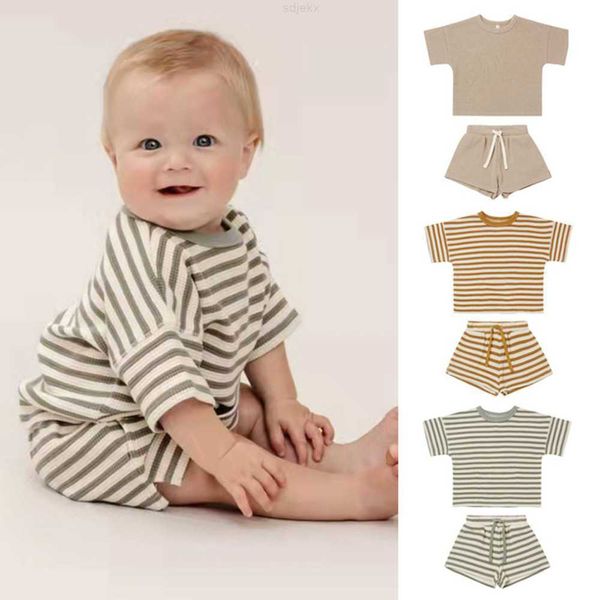 

clothing sets ins 2022 new summer waffle children's short sleeved suit boys and girls t-shirt shorts baby pit strip cotton, White