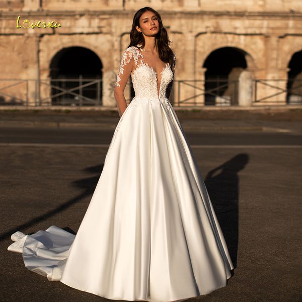 

vintage sheer neck a line wedding dresses lace appliqued bridal gowns o neck long sleeve ruched satin vestido de mariee, White