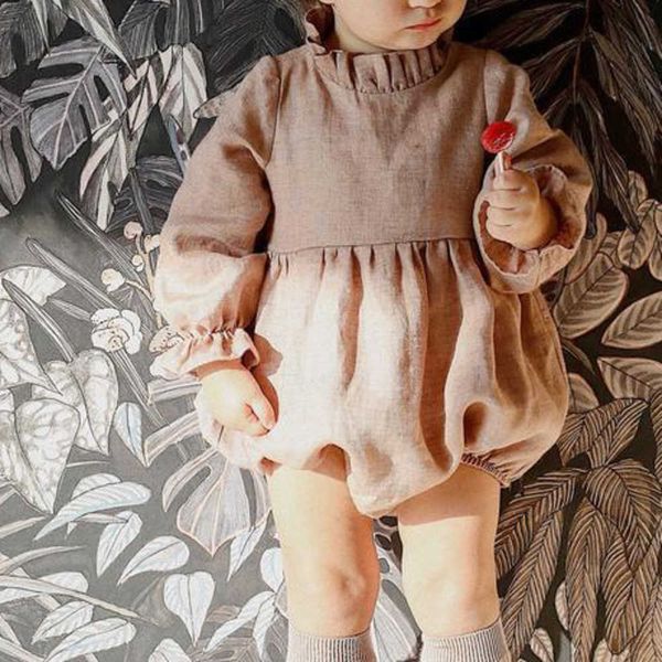 

clothing sets wholesale infant long sleeve baby romper linen cotton ruffle autumn fall vintage plain girls clothes, White