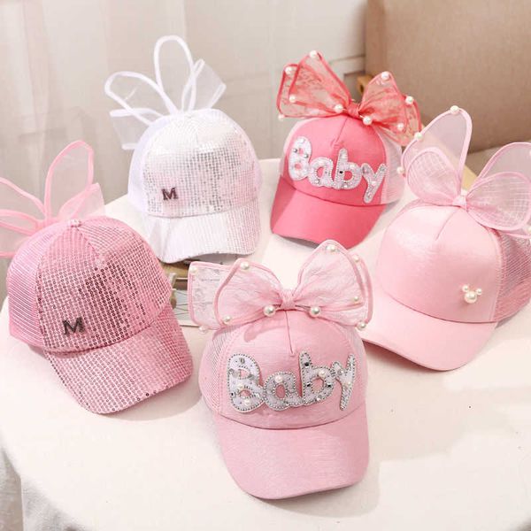 

caps s children big bow cartoon baseball cap girls pearl snapback mesh protection beach rabbit ear kid baby trucker sun hat p230424, Yellow