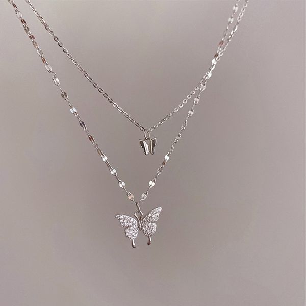 

pendant necklaces luxury for women butterfly shiny double chain clavicle anniversary gift jewelry 230424, Silver