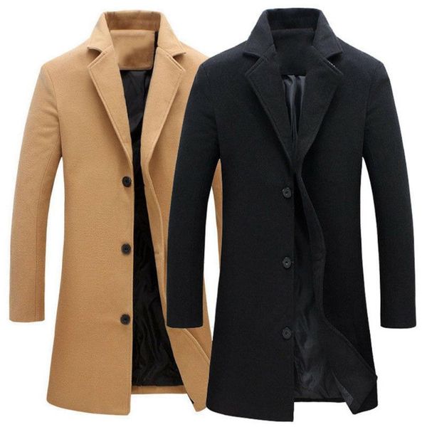 

men's trench coats single breasted lapel long coat jacket fashion autumn winter casual overcoat plus size woolen solid color 230424, Tan;black
