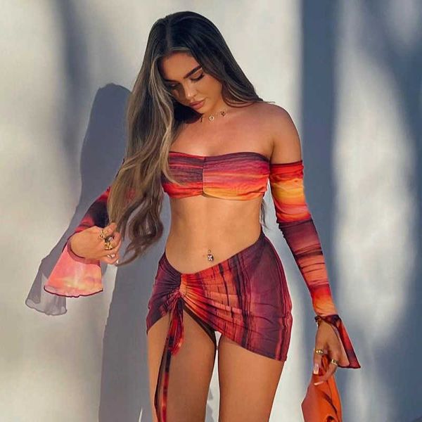 

two piece dress tie dye print two piece skirt set women autumn off shoulder strapless crop shirts and mini skirts bandage set outfits j23042, White