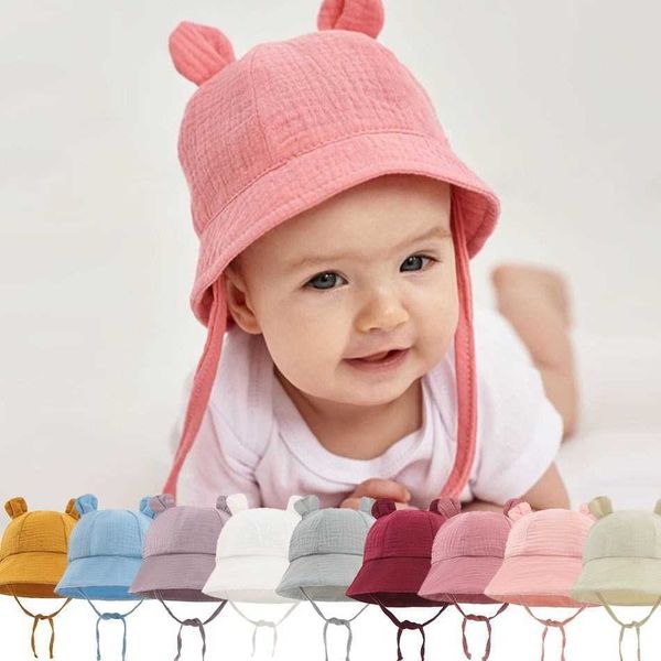 

summer baby newborn bucket sunhat kids muslin panama cap boys girlssun hat infant caps easter hats for toddler3-12 months p230424, Yellow