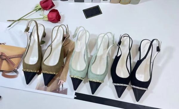 

after designer shoes high-heeled sandals pointed chain empty word high-heeled shoes baotou summer sandals black brown green high-heeled sand