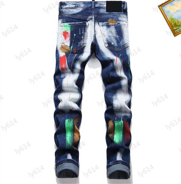 

brand jeans classic hole design bump color graffiti decoration fashion jean designer personality casual style custom button slim denim trous, Blue