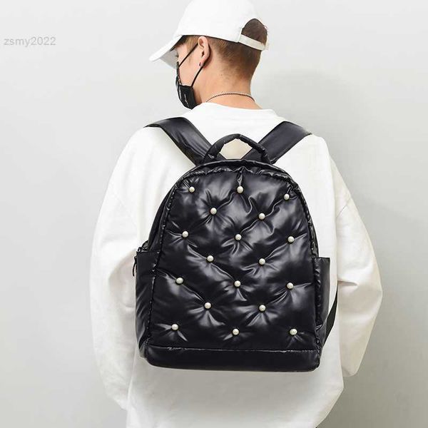 

totes fashion pearl inlaid backpack for women pu leather school backpack for college students lady bag luxury men bag