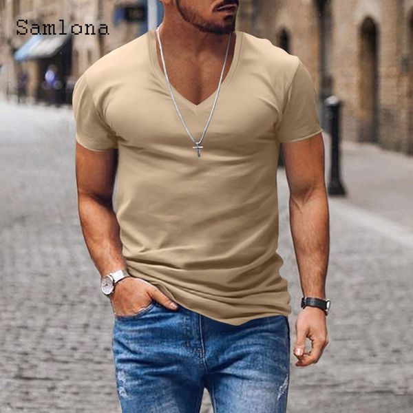 

men's t-shirts samlona plus size mens casual v-neck shirts european fashion men short sleeve pullovers khaki white t shirt clothing 23, White;black