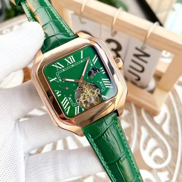 

luxury high-quality men's square underwire watch automatic mechanical sapphire 43mm classic watch luxury cowhide strap luxury watch, Slivery;golden