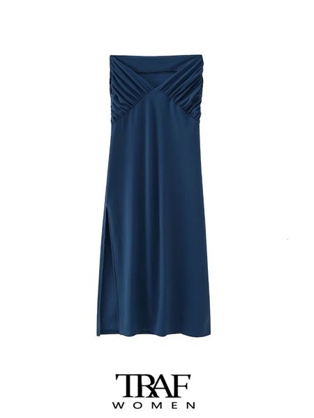 

skirts traf women fashion front vshaped draped midi skirt vintage high waist side slit female mujer 230424, Black