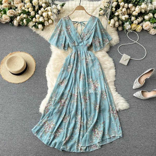 

casual dresses singreiny women chiffon floral long dress korean v neck short sleeve ruched a-line dresses summer bohemian print beach dress, Black;gray
