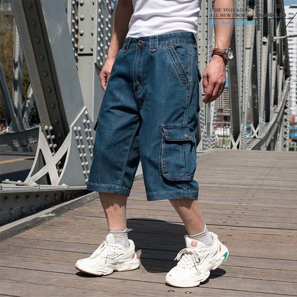 

men's shorts mcikkny vintage men's cargo summer denim shorts multi pocket blue straight shorts men's plus size 30-46 230425, White;black