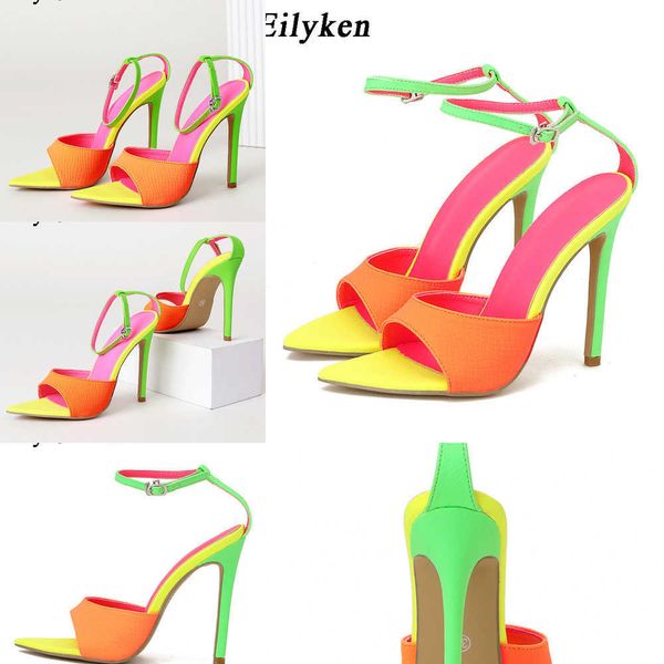 

pointed toe high heels sandal summer fashion mixed color buckle strap women party stripper shoes 230306, Black