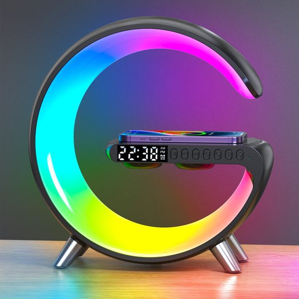 Multifunctional Wireless Charger Big G Alarm Clock Speaker APP Control RGB Night Light Charging Station for Iphone 11 12 13 14 Pro Max Samsung With Retail Box VBZ5
