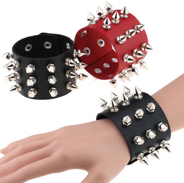 

three row cuspidal spikes rivet stud wide cuff pu leather punk gothic rock bracelet men jewelry leather bracelets 13 colors, Black