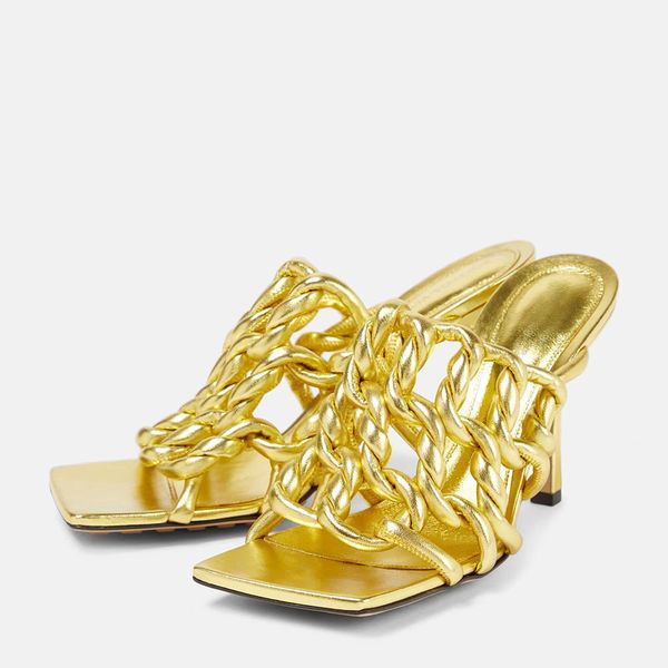 

2023 new style leather sheepskin leather sandals weave high heels summer narrow band square peep-toe open toes flip-flops slipper one-line s, Black