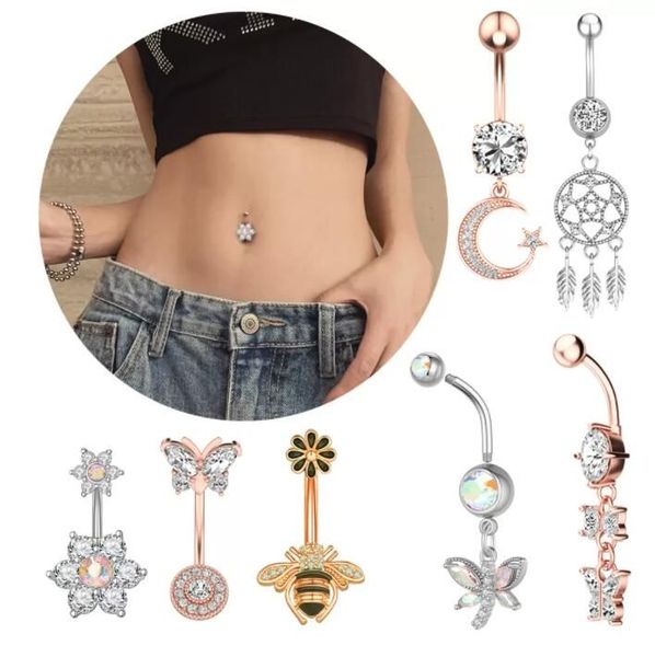 

surgical titanium stainless steel belly button ring diamond butterfly dangle navel barbell stud for women rose gold cubic zirconia piercing, Silver