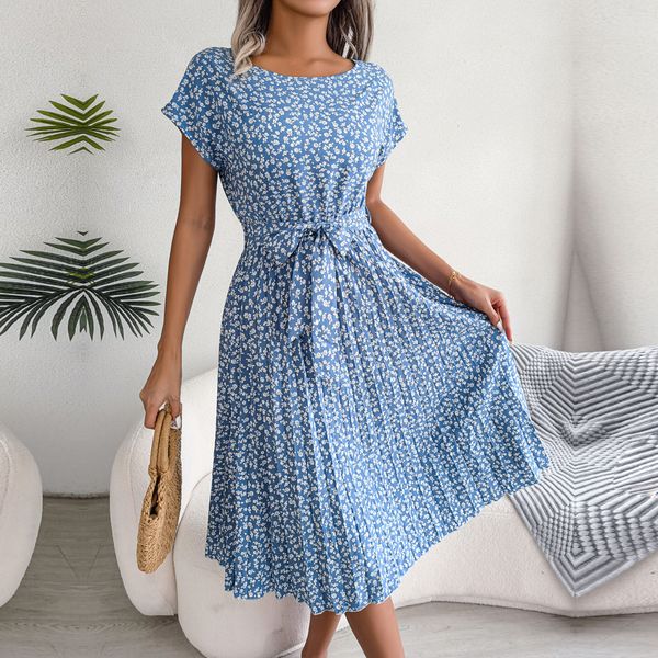 

casual dresses f fashion floral pleated a line long dress women spring summer short sleeve high waist chic dress 230425, Black;gray