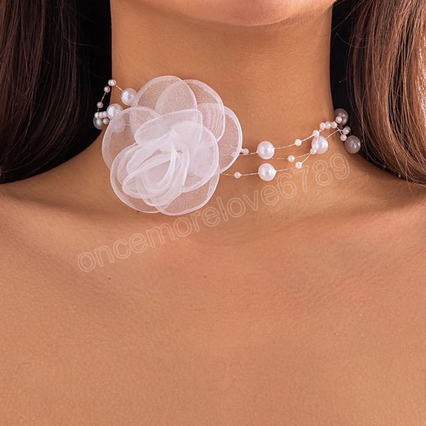 

elegant white big rose flower clavicle chain necklace for women wed imitation pearl rope choker aesthetic neck jewelry, Golden;silver
