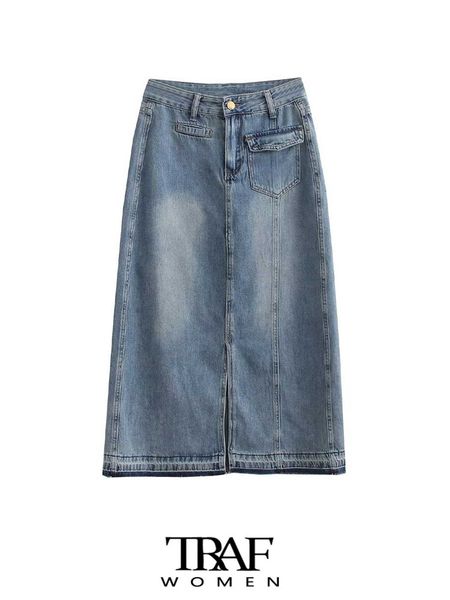 

skirts traf women fashion with pockets front slit denim midi skirt vintage high waist zipper fly female mujer 230424, Black