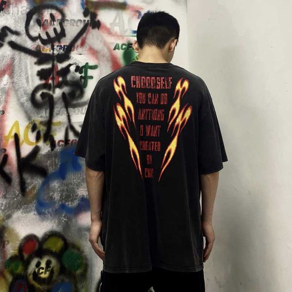 

designer fashion t shirt saint michael cho flame direct spray american high street vintage washed old vtg short sleeve t-shirt, White;black