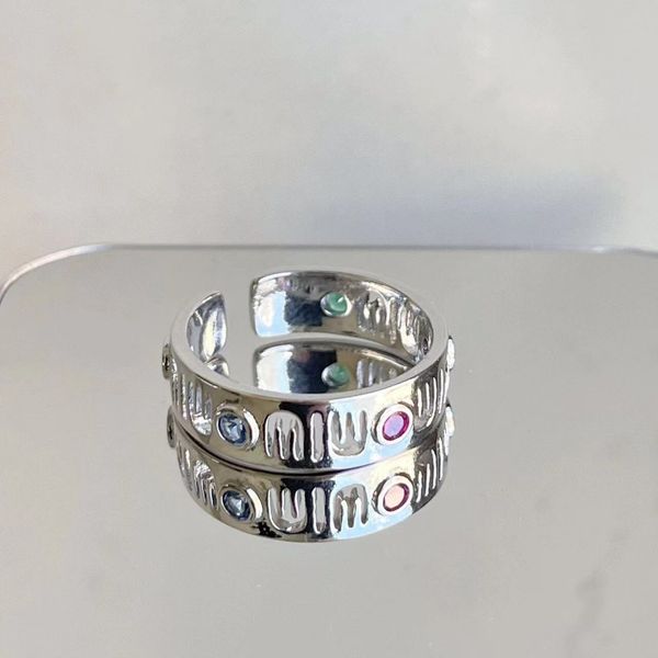 

miu letter hollow open ring colorful gemstone set diamond ring women's vintage mesh red crowd design trendy handwear, Golden;silver